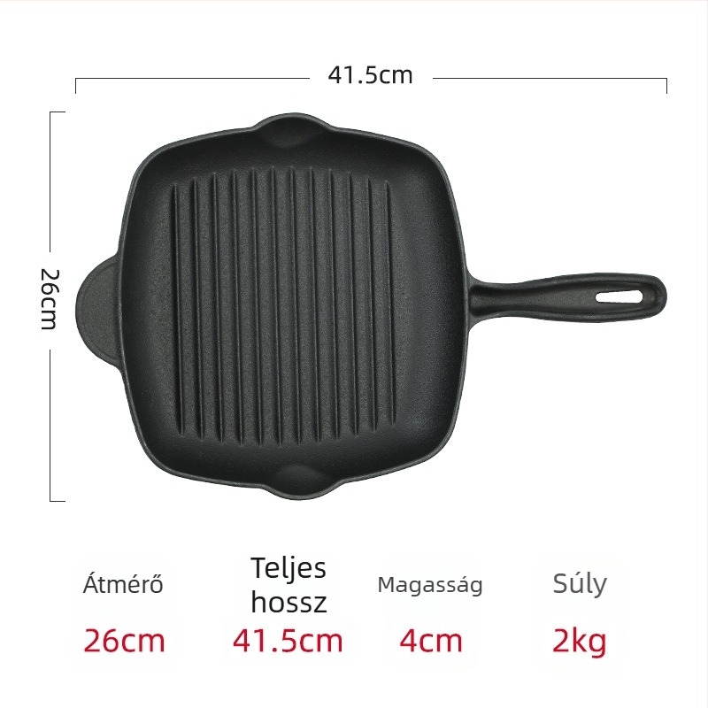 Öntöttvas négyszögletes serpenyő csíkos mintázattal, vastagított aljjal, steak sütéséhez, gáztűzhelyhez és indukciós főzőlaphoz