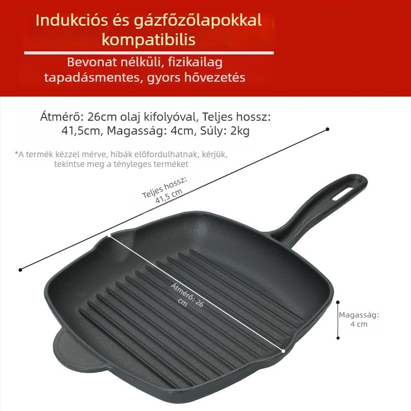 Öntöttvas négyszögletes serpenyő csíkos mintázattal, vastagított aljjal, steak sütéséhez, gáztűzhelyhez és indukciós főzőlaphoz