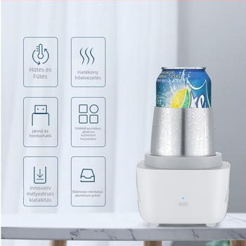 Hordozható hideg- és melegítő pohár beépített fűtőelemmel, rozsdamentes acél belső tartály, kapacitás 1 L alatt, AC tápegység, asztali kialakítás