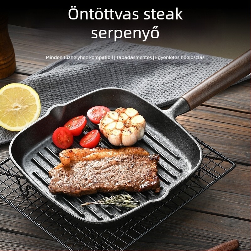 Öntöttvas steak serpenyő, indukciós főzőlaphoz kompatibilis, tapadásmentes bevonat, könnyen tisztítható, modell NPJG-001