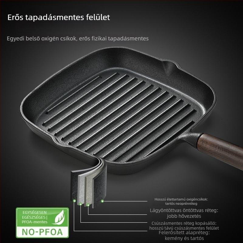 Öntöttvas steak serpenyő, indukciós főzőlaphoz kompatibilis, tapadásmentes bevonat, könnyen tisztítható, modell NPJG-001