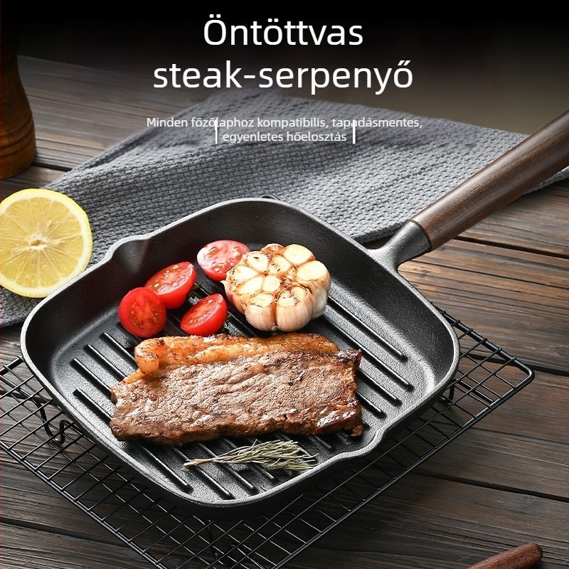 Öntöttvas steak serpenyő, indukciós főzőlaphoz kompatibilis, tapadásmentes bevonat, könnyen tisztítható, modell NPJG-001