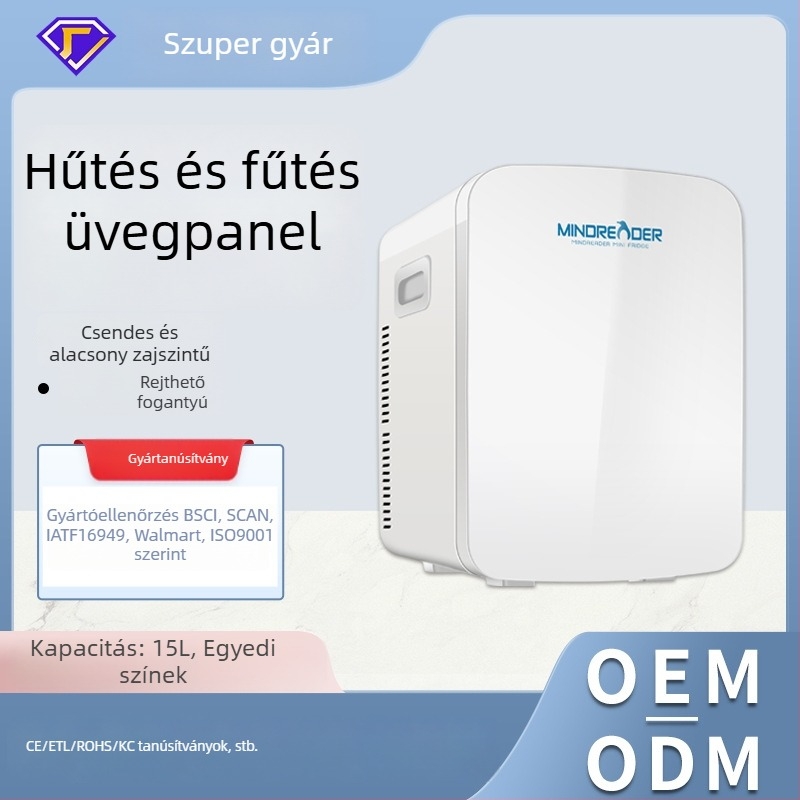 Otthoni és autós mini hűtő – 11–15 L, 50W, 12V/220–240V/100–120V, hűtés 5–9°C, fűtés 50–65°C