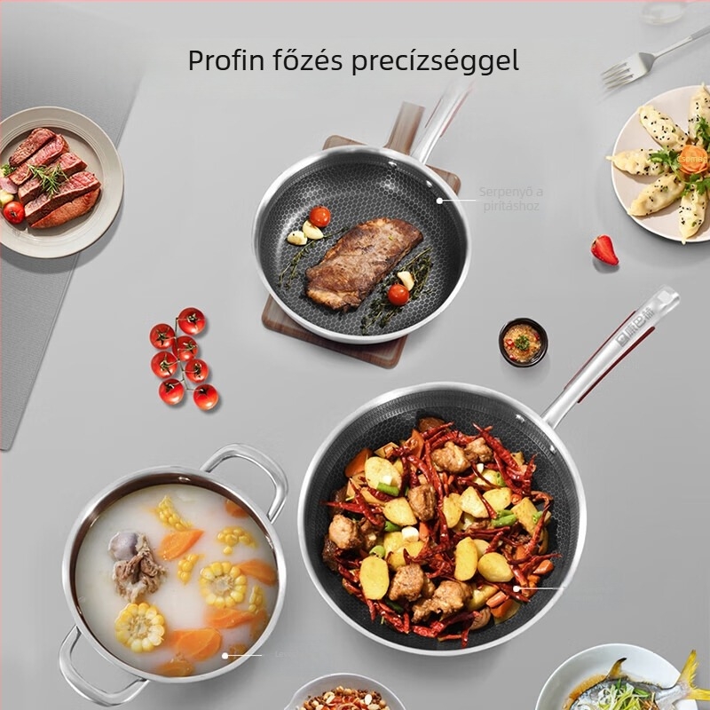 Kbh/konbach 3 részes edénykészlet: wok, fazék és serpenyő, 304 rozsdamentes acél, nordic stílus, tapadásmentes bevonat, üvegfedő