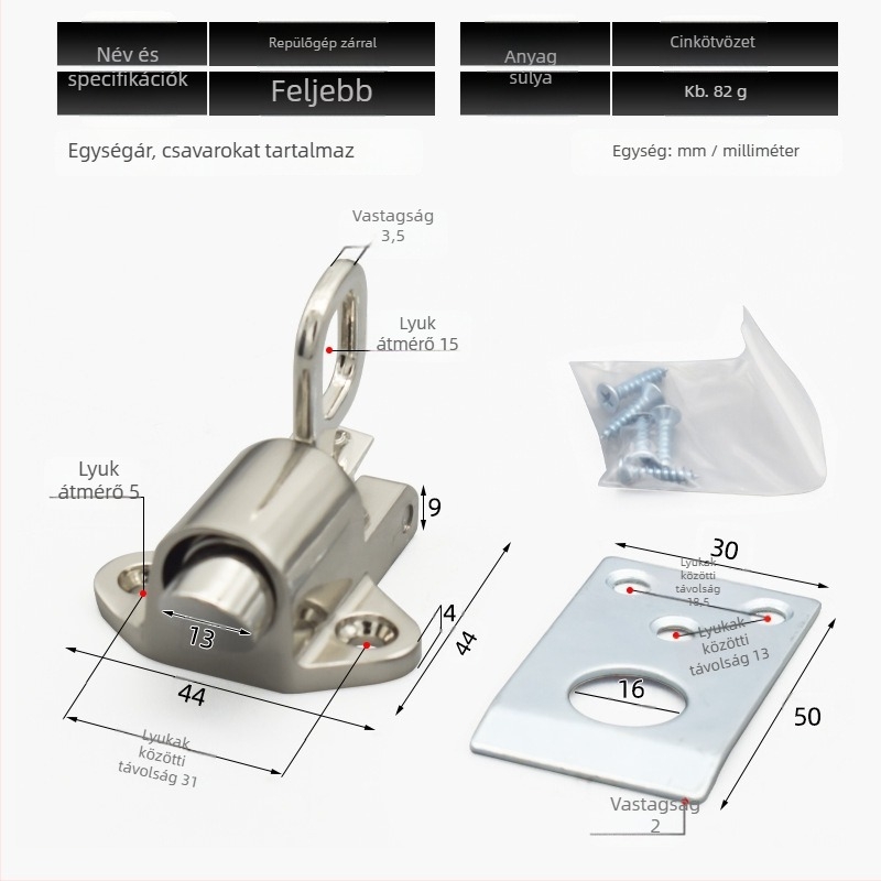 Automata zár csúszó ajtókhoz, cinkötvözetből, repülőgép típusú zár, rugós, modern minimalist stílus