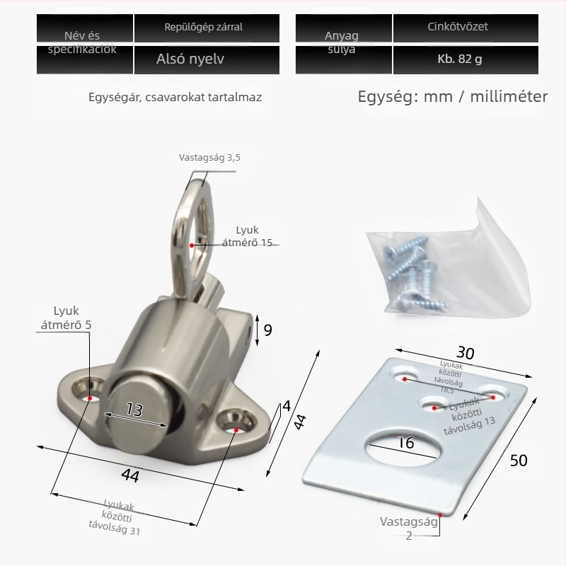 Automata zár csúszó ajtókhoz, cinkötvözetből, repülőgép típusú zár, rugós, modern minimalist stílus