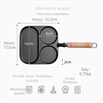 Öntöttvas tojásserpenyő három az egyben hamburger formával, tapadásmentes bevonattal, gáz- és indukciós tűzhelyhez is alkalmas