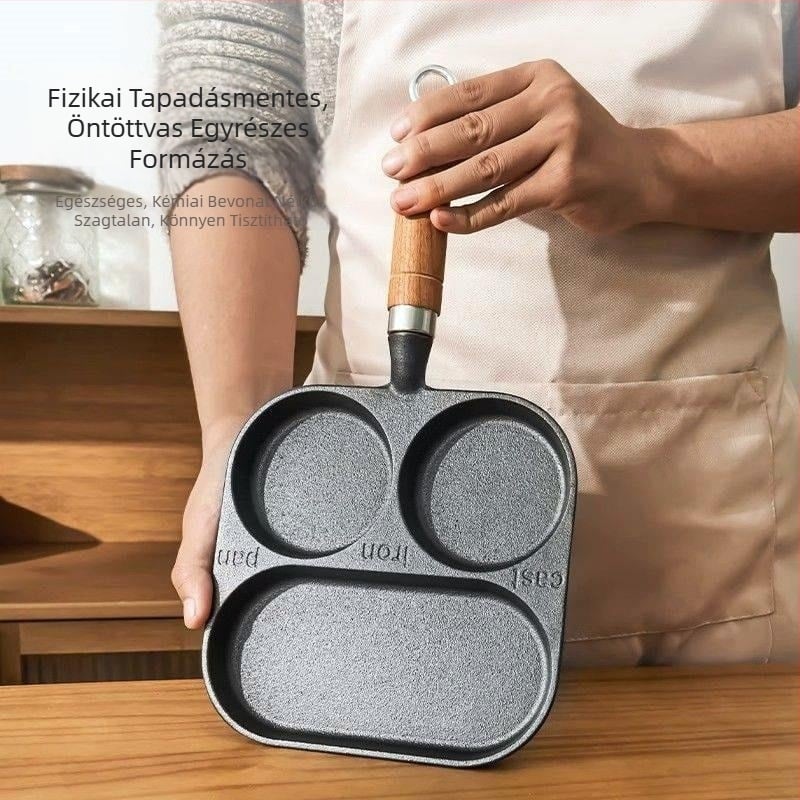 Öntöttvas tojásserpenyő három az egyben hamburger formával, tapadásmentes bevonattal, gáz- és indukciós tűzhelyhez is alkalmas