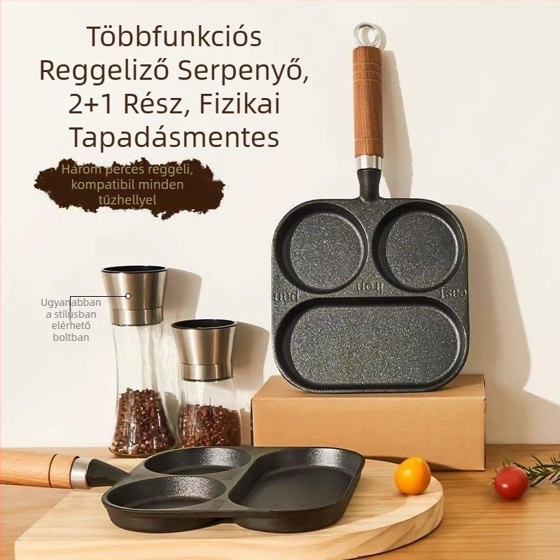 Öntöttvas tojásserpenyő három az egyben hamburger formával, tapadásmentes bevonattal, gáz- és indukciós tűzhelyhez is alkalmas