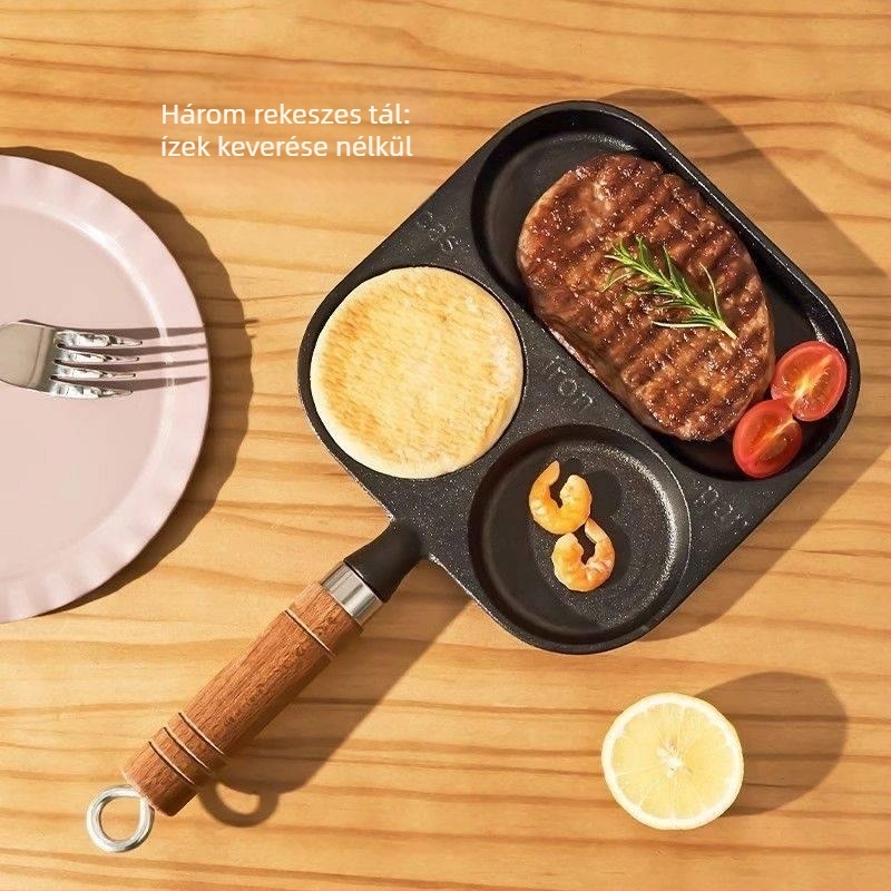 Öntöttvas tojásserpenyő három az egyben hamburger formával, tapadásmentes bevonattal, gáz- és indukciós tűzhelyhez is alkalmas