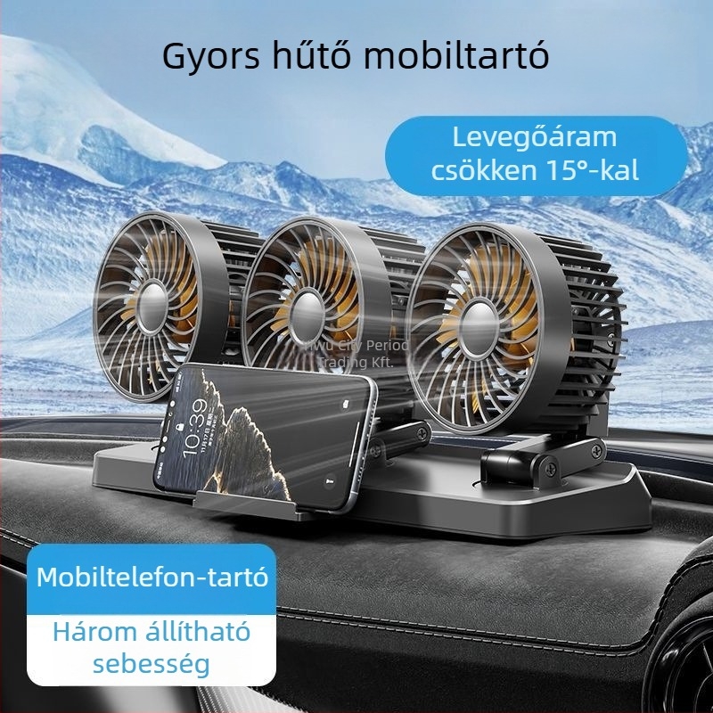 Autóba szerelhető kettős fejű ventilátor belső használatra (hűtés; szilikon ház; feszültségek 5V/12V/24V)
