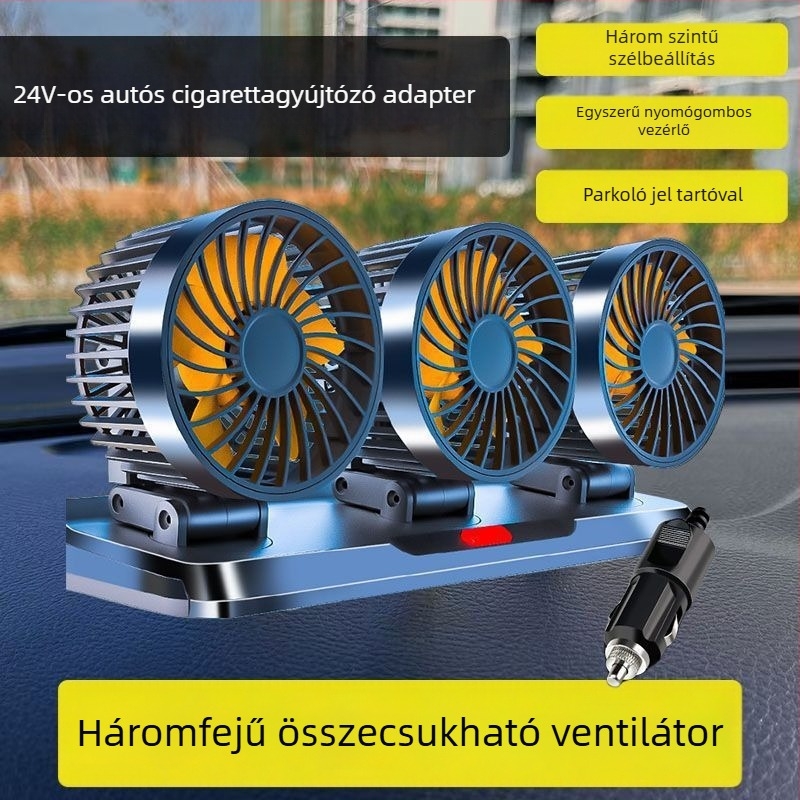 Autóba szerelhető kettős fejű ventilátor belső használatra (hűtés; szilikon ház; feszültségek 5V/12V/24V)