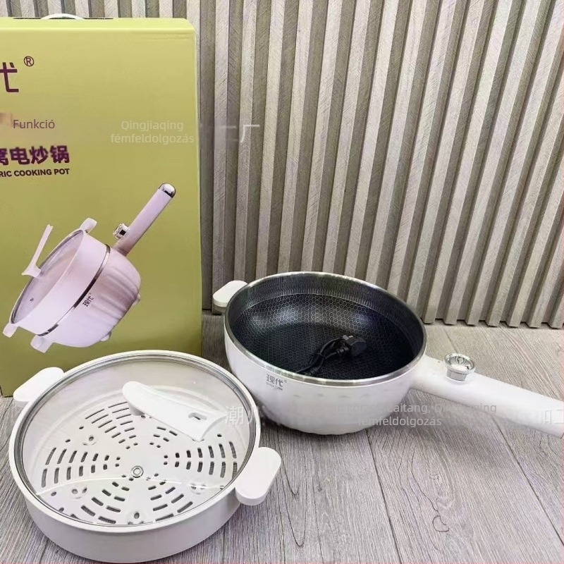Hosszú fogantyús elektromos wok háztartási használatra, 1500W+, 2-3 fő részére, többfunkciós: gőzölés, sütés, főzés, párolás, gombos vezérlés