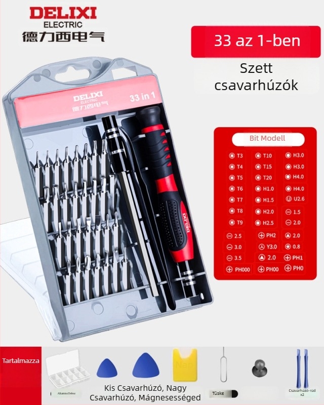 Premonition szénacélból készült sokoldalú csavarhúzó készlet háztartási elektronikához – mobilt telefonok és laptopok szétszerelése, por tisztítása; változatok: 21-in-1, 31-in-1, 33-in-1, 34-in-1