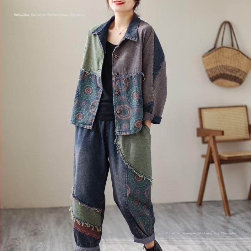 Női denim nadrágkosztüm színazonos mintával, patchwork varrással, pamut anyag, hosszú ujjak, őszi 2024