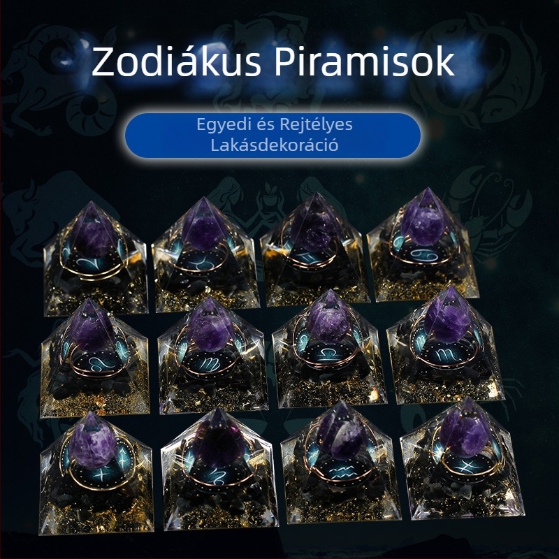 Ametisztkristályból készült rune-energia torony, tizenkét csillagjegy piramisa
