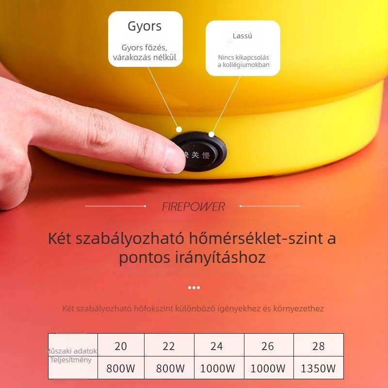 Elektrikus forró edény 2-3 literes kapacitással, belső edény rozsdamentes acélból, teljesítmény 801-1000 W, hőmérséklet-szabályozás és száraz égés elleni védelem