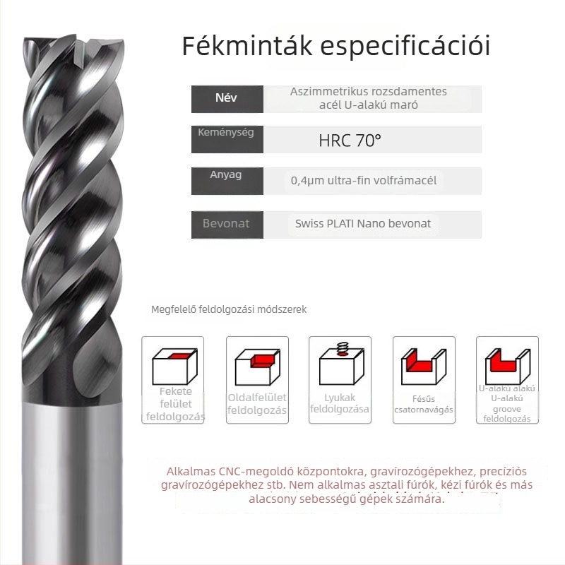Végfúró karbidból rozsdamentes acélhoz, U‑alakú horony, négy élű, integrált durva és finom megmunkálás, dinamikus CNC szerszám
