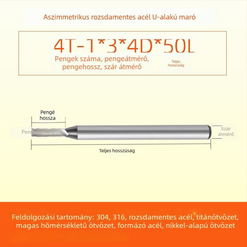 Végfúró karbidból rozsdamentes acélhoz, U‑alakú horony, négy élű, integrált durva és finom megmunkálás, dinamikus CNC szerszám