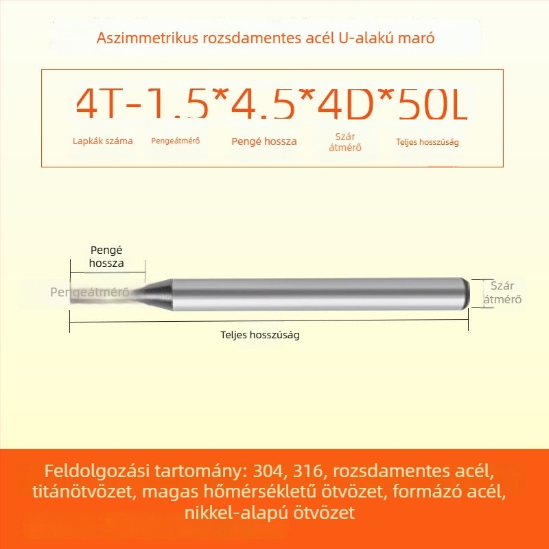 Végfúró karbidból rozsdamentes acélhoz, U‑alakú horony, négy élű, integrált durva és finom megmunkálás, dinamikus CNC szerszám