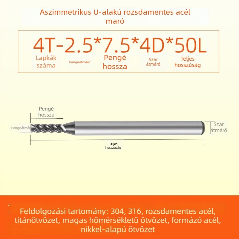 Végfúró karbidból rozsdamentes acélhoz, U‑alakú horony, négy élű, integrált durva és finom megmunkálás, dinamikus CNC szerszám