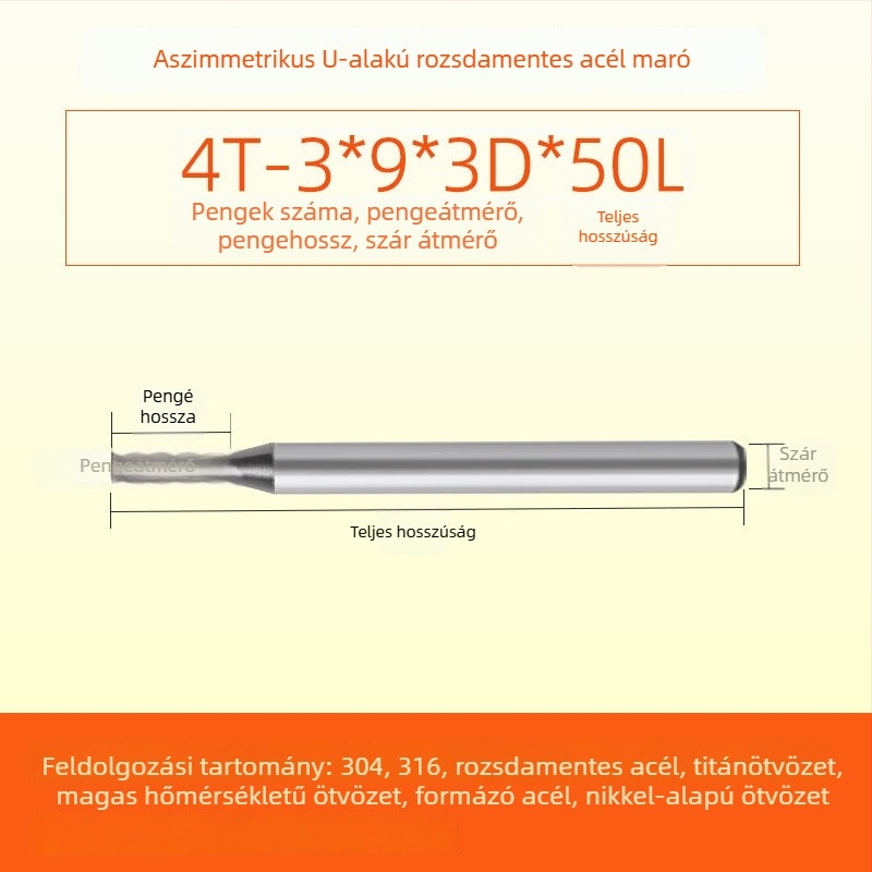 Végfúró karbidból rozsdamentes acélhoz, U‑alakú horony, négy élű, integrált durva és finom megmunkálás, dinamikus CNC szerszám