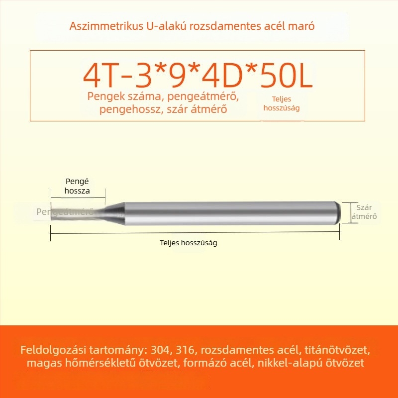 Végfúró karbidból rozsdamentes acélhoz, U‑alakú horony, négy élű, integrált durva és finom megmunkálás, dinamikus CNC szerszám