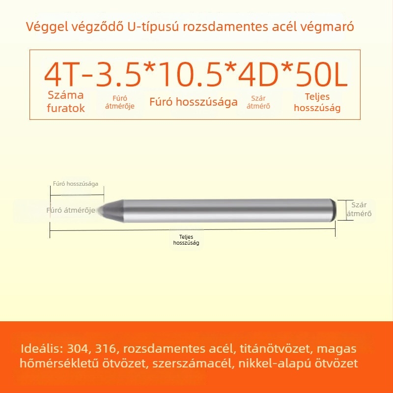 Végfúró karbidból rozsdamentes acélhoz, U‑alakú horony, négy élű, integrált durva és finom megmunkálás, dinamikus CNC szerszám