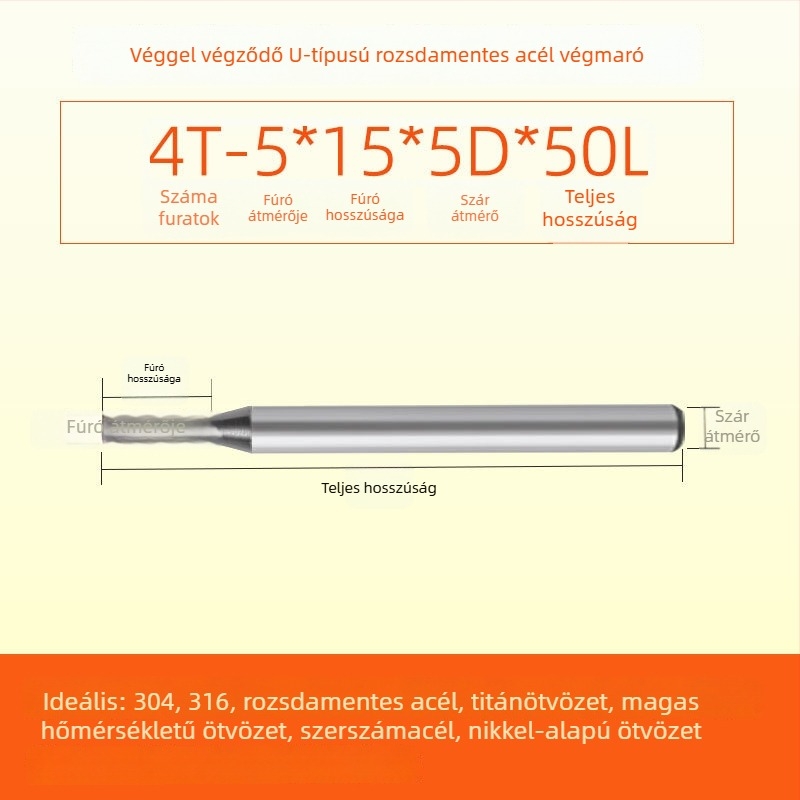 Végfúró karbidból rozsdamentes acélhoz, U‑alakú horony, négy élű, integrált durva és finom megmunkálás, dinamikus CNC szerszám
