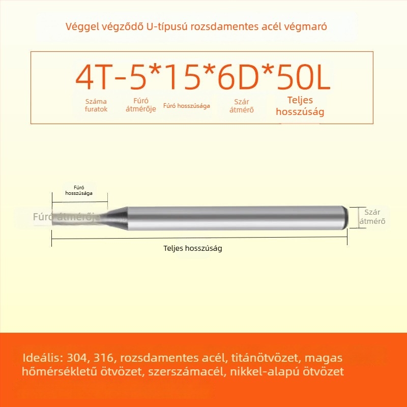 Végfúró karbidból rozsdamentes acélhoz, U‑alakú horony, négy élű, integrált durva és finom megmunkálás, dinamikus CNC szerszám