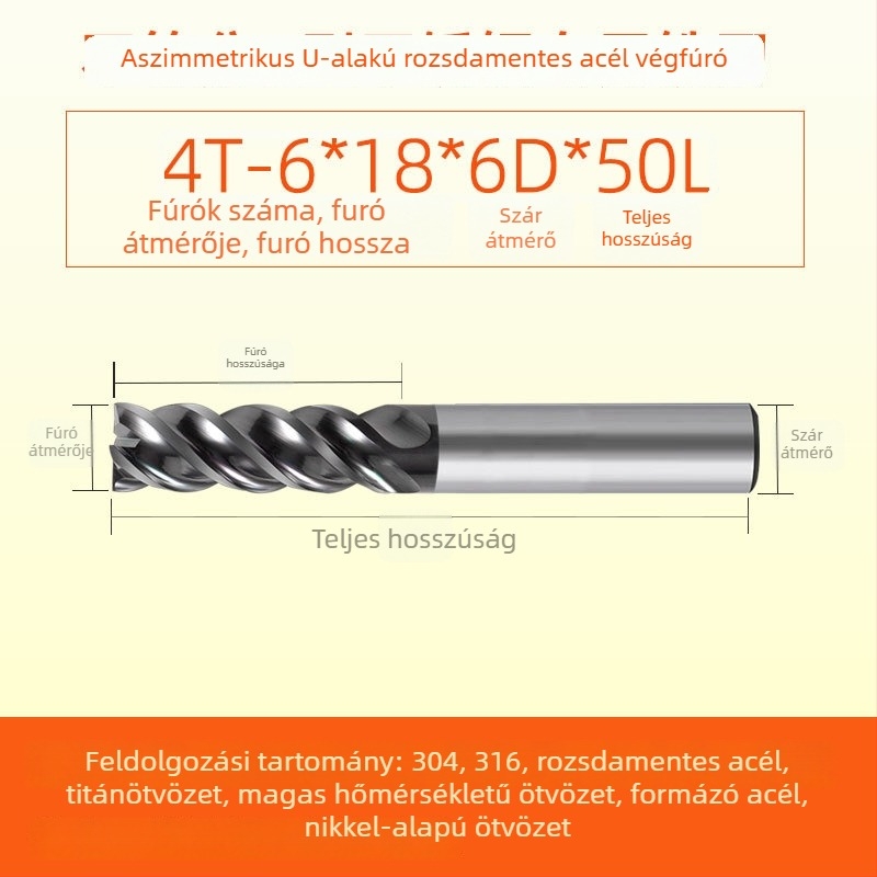 Végfúró karbidból rozsdamentes acélhoz, U‑alakú horony, négy élű, integrált durva és finom megmunkálás, dinamikus CNC szerszám