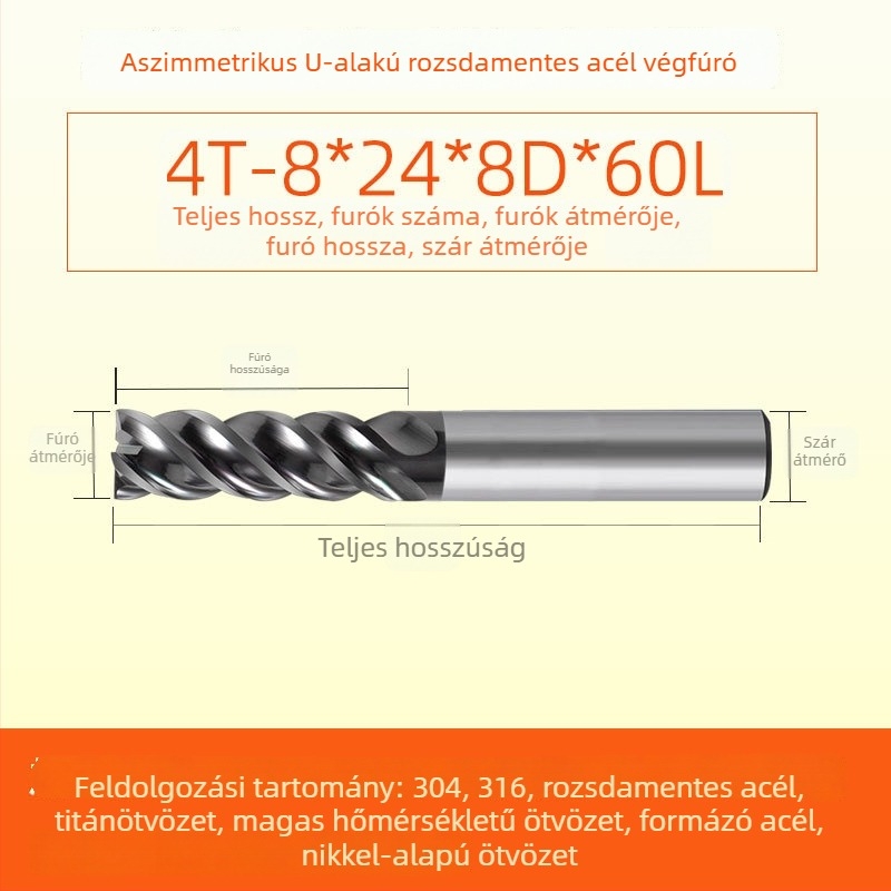Végfúró karbidból rozsdamentes acélhoz, U‑alakú horony, négy élű, integrált durva és finom megmunkálás, dinamikus CNC szerszám