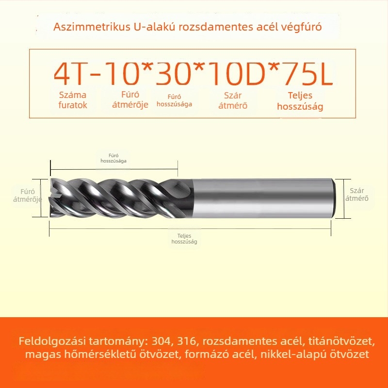 Végfúró karbidból rozsdamentes acélhoz, U‑alakú horony, négy élű, integrált durva és finom megmunkálás, dinamikus CNC szerszám