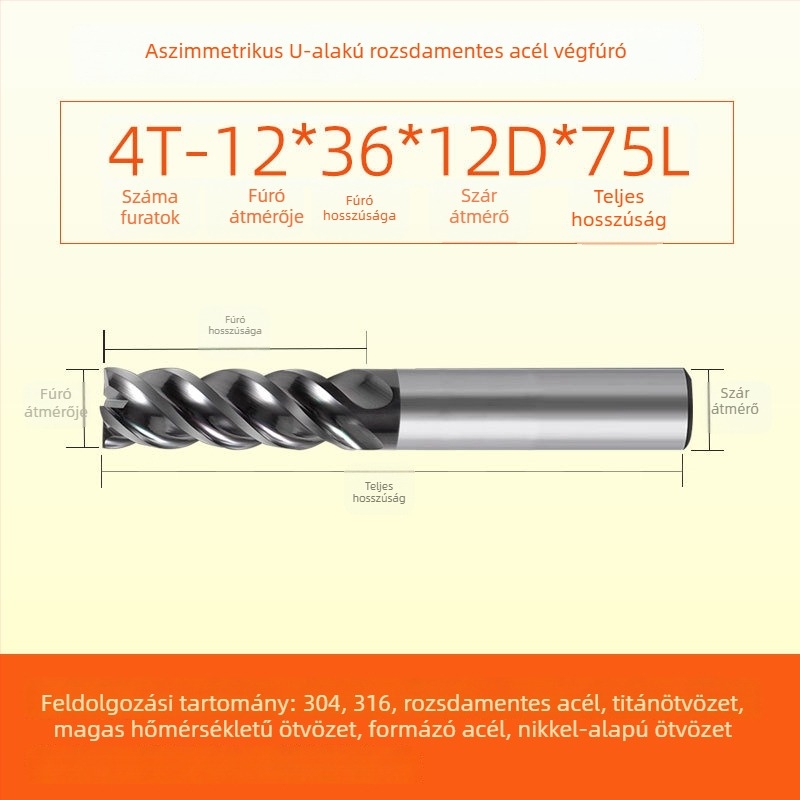 Végfúró karbidból rozsdamentes acélhoz, U‑alakú horony, négy élű, integrált durva és finom megmunkálás, dinamikus CNC szerszám