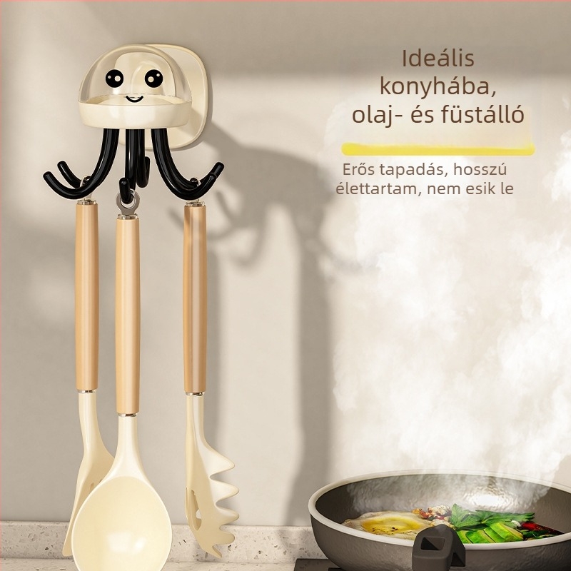 Medúza stílusú forgó falra szerelhető konyhai eszközakasztó, műanyag, több mint három akasztó, teherbírás 1–3 kg, modern minimalista stílus