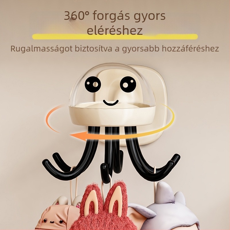 Medúza stílusú forgó falra szerelhető konyhai eszközakasztó, műanyag, több mint három akasztó, teherbírás 1–3 kg, modern minimalista stílus