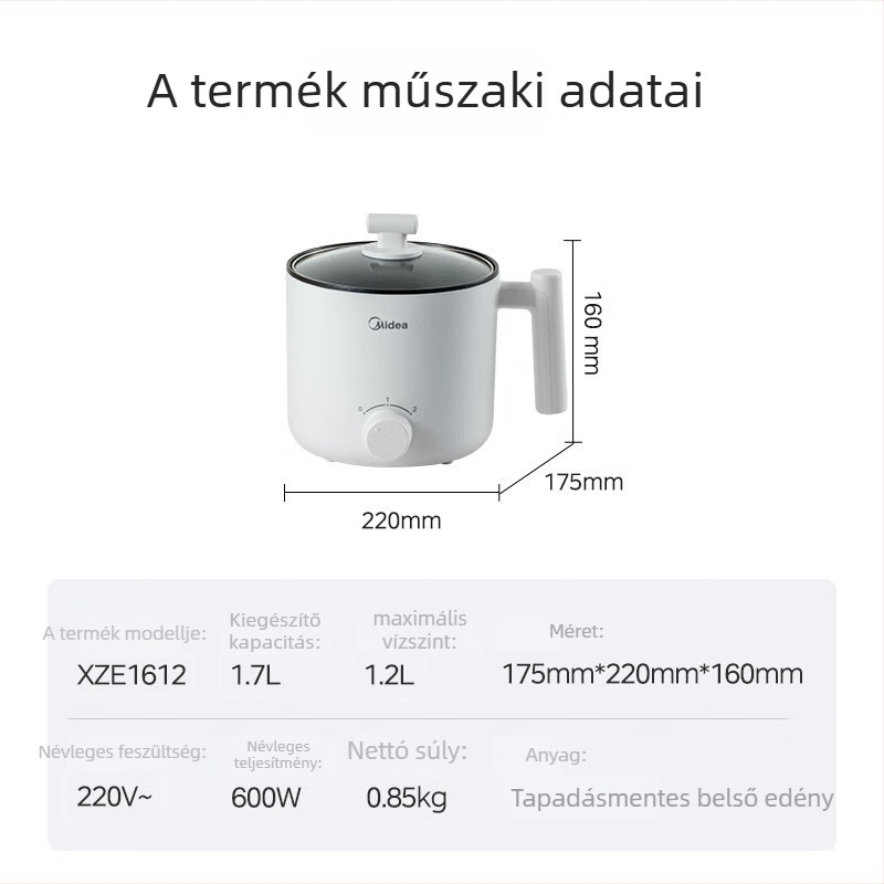 Midea elektromos főzőedény XZE1612 — Kapacitás legfeljebb 2 l; Tömeg 850 g; Gombos vezérlés; Vezeték hossza 0,8 m.
