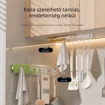 Konyhai falra szerelhető szívófejes akasztó, háromsoros fogas spatulák és kanálok számára