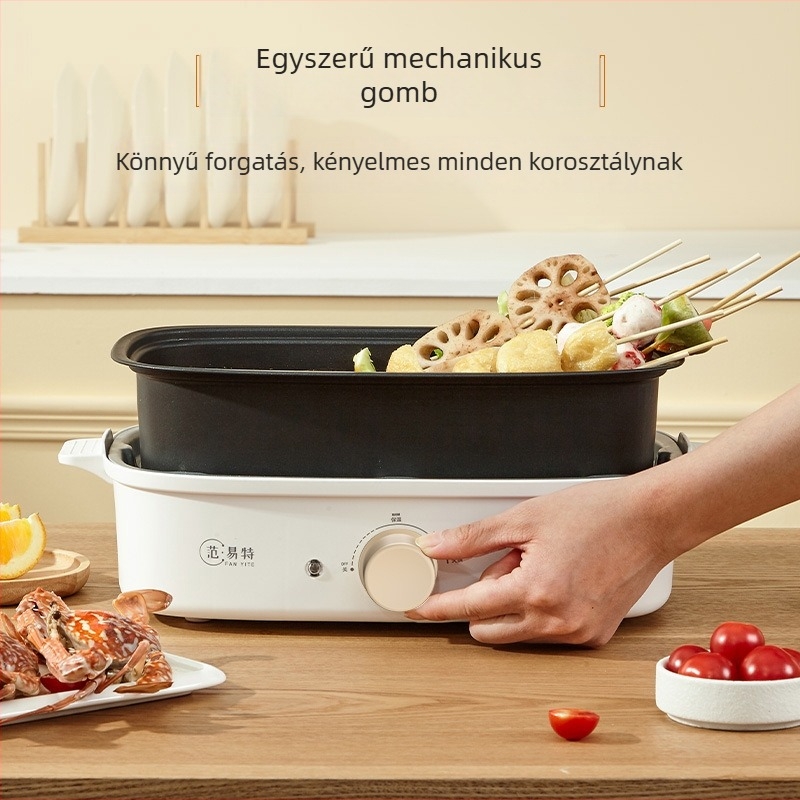 Elektromos többfunkciós fazék forró pot és Teppanyaki funkcióval; teljesítmény 1001–1200 W; műanyag test; 3–5 személyes kapacitás; kapcsolóval vezérelhető