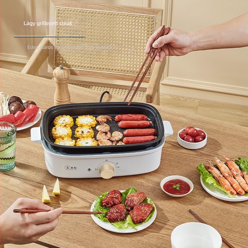 Elektromos többfunkciós fazék forró pot és Teppanyaki funkcióval; teljesítmény 1001–1200 W; műanyag test; 3–5 személyes kapacitás; kapcsolóval vezérelhető