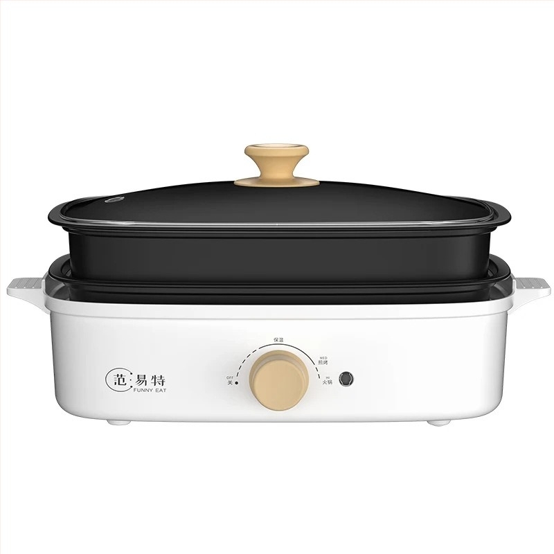 Elektromos többfunkciós fazék forró pot és Teppanyaki funkcióval; teljesítmény 1001–1200 W; műanyag test; 3–5 személyes kapacitás; kapcsolóval vezérelhető