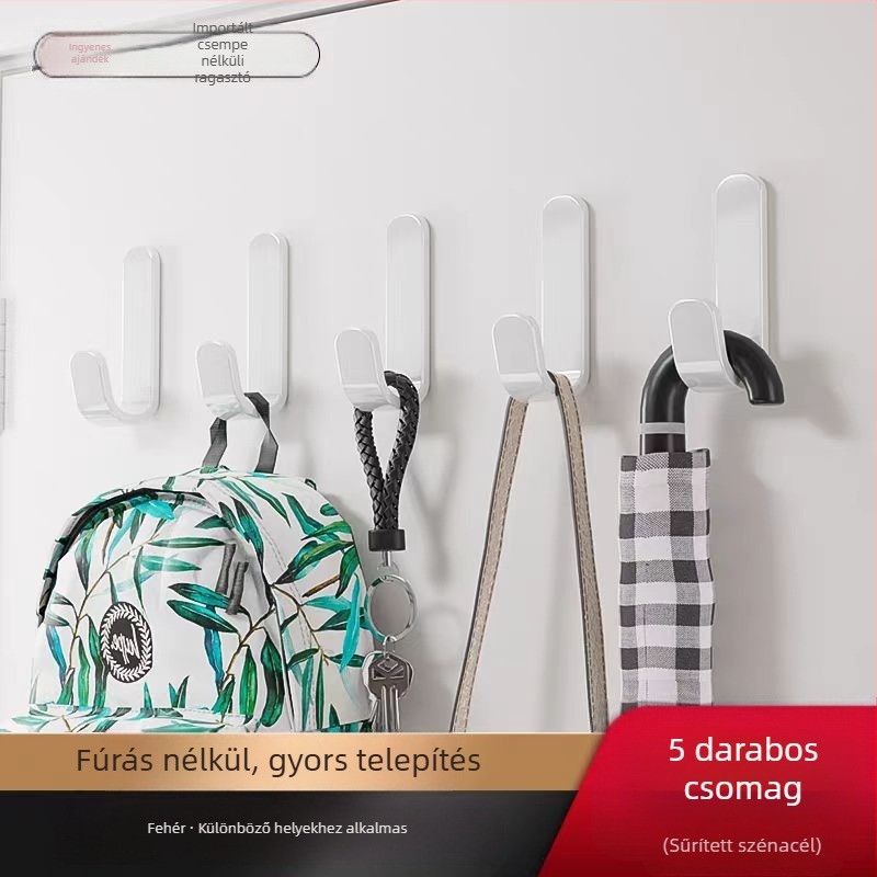 Fúrás nélküli falikampó erős ragasztóval — teherbíró konyhai és fürdőszobai használatra; Anyag: vas; Szerelés: fúrás nélkül; Stílus: modern minimál; Súly: 90 g 5 darabhoz
