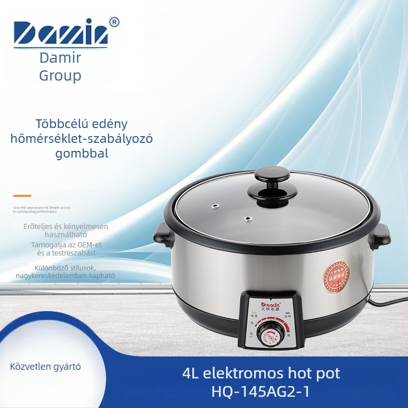 Daming gombos típusú elektromos forró fazék – all-in-one multifunkcionális konyhai edény, 4–5 L, tapadásmentes belső, rozsdamentes acél burkolat, 1200–1500 W, gőzölés, főzés, párolás