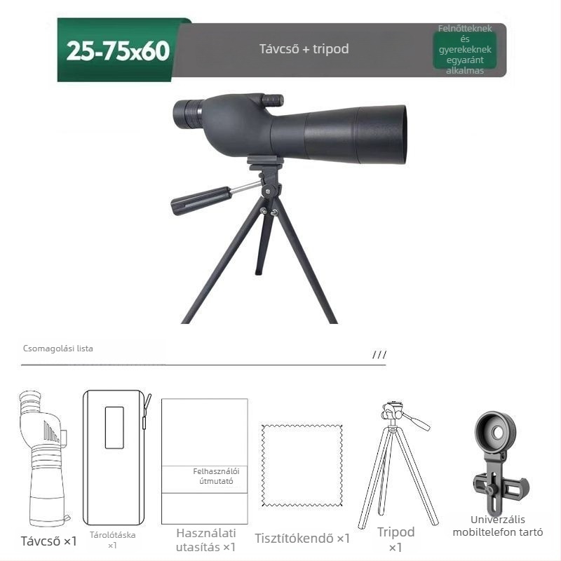 Monokuláris távcső madármegfigyeléshez, nagy apertúrával, állítható zoommal, telefonos fényképezés és videófelvétel támogatásával, HD professzionális minőség.