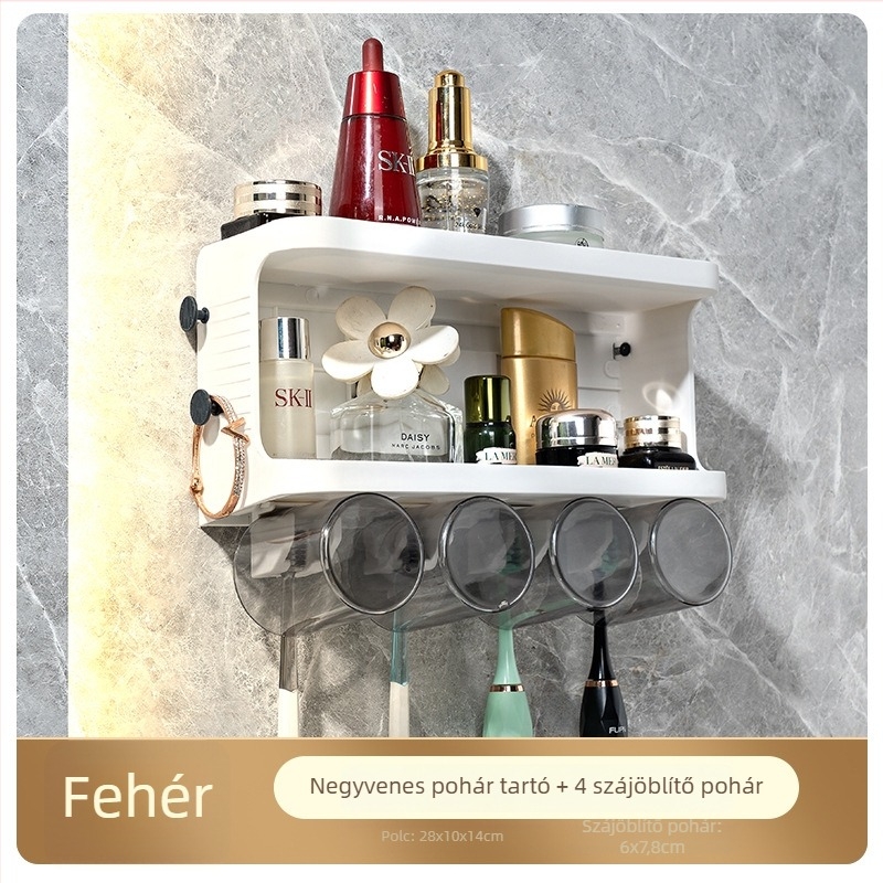 Falra szerelhető műanyag fürdőszobai tároló, 2 réteg, fogkefetartó, teherbírás 10 kg