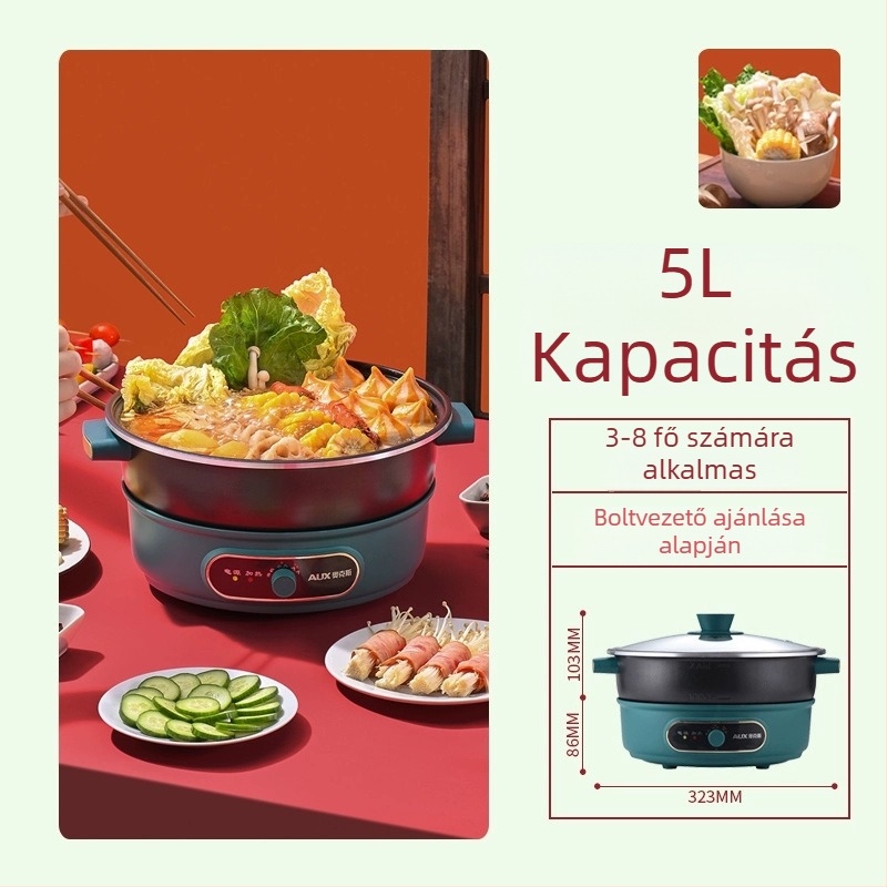 Aux Elválasztott típusú elektromos forró fazék, 4–5 L kapacitás, 1200–1500 W, belső edény ötvözetből, szárazság elleni védelem, 5–6 személy részére