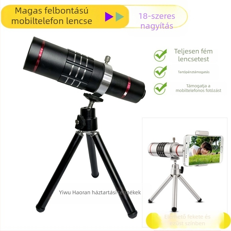 Mobiltelefonhoz készített digitális monokuláris teleszkóp – 18x nagyítás, 4 mm kimeneti pupilla, 67° látómező, modell B-12