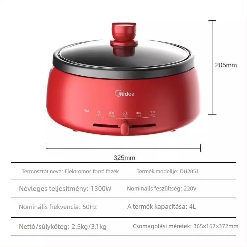 Elektromos forró edény, 4–5 L kapacitás, 1201–1500 W, belső edény ötvözetből, mechanikus vezérlés, 220 V
