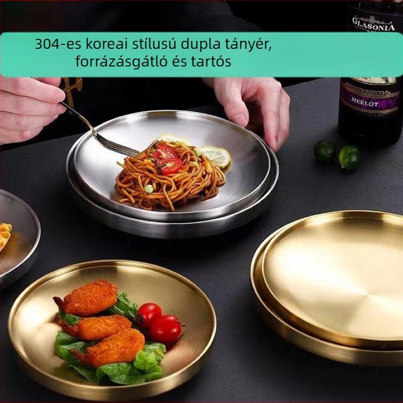 304 rozsdamentes acél Koreai-stílusú kétszintes grill tál, szigeteléssel, nyugati típusú tálaló, arany színű nasi tál, vastagított kerek lemez