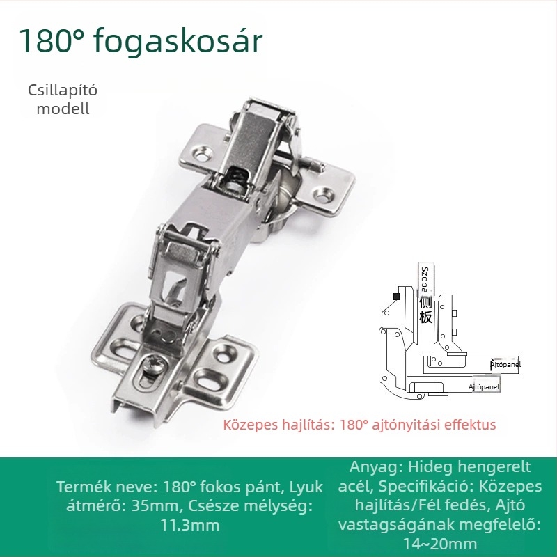 180° zsanér fa szekrényajtókhoz csillapítóval; anyag: hideg hengerelt acél; felület: nikkelezett bevonat; termékkód: 180° zsanér; márka: Cupboard lebao
